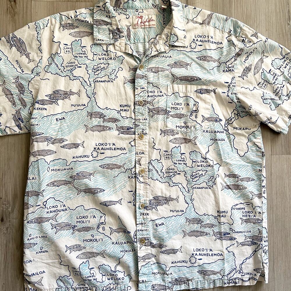 Kahala Hawaiian White & Blue Fish/ Maps Hawaiian Islands Graphic Shirt Size XL